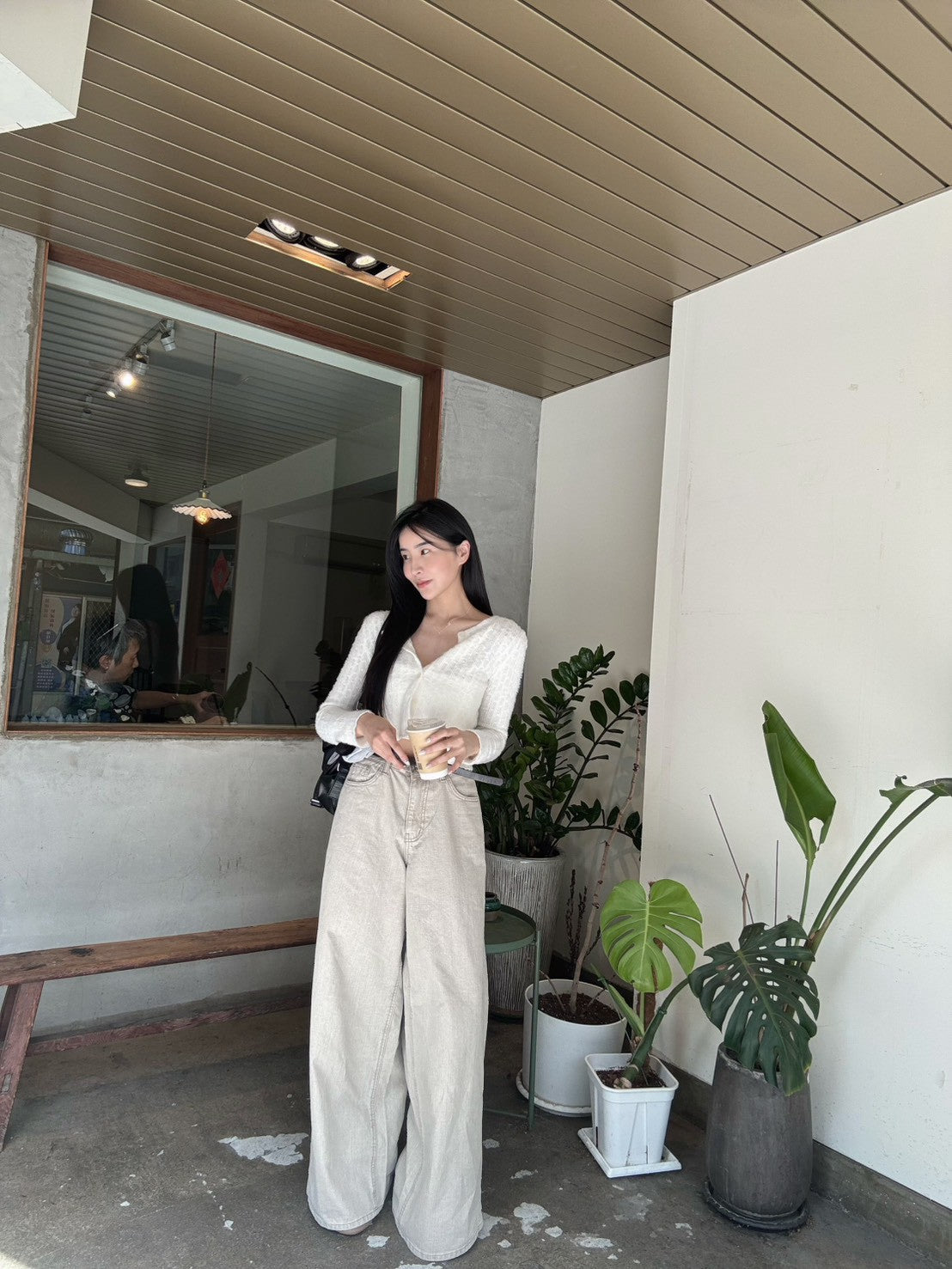 後口袋卡其落地寬褲