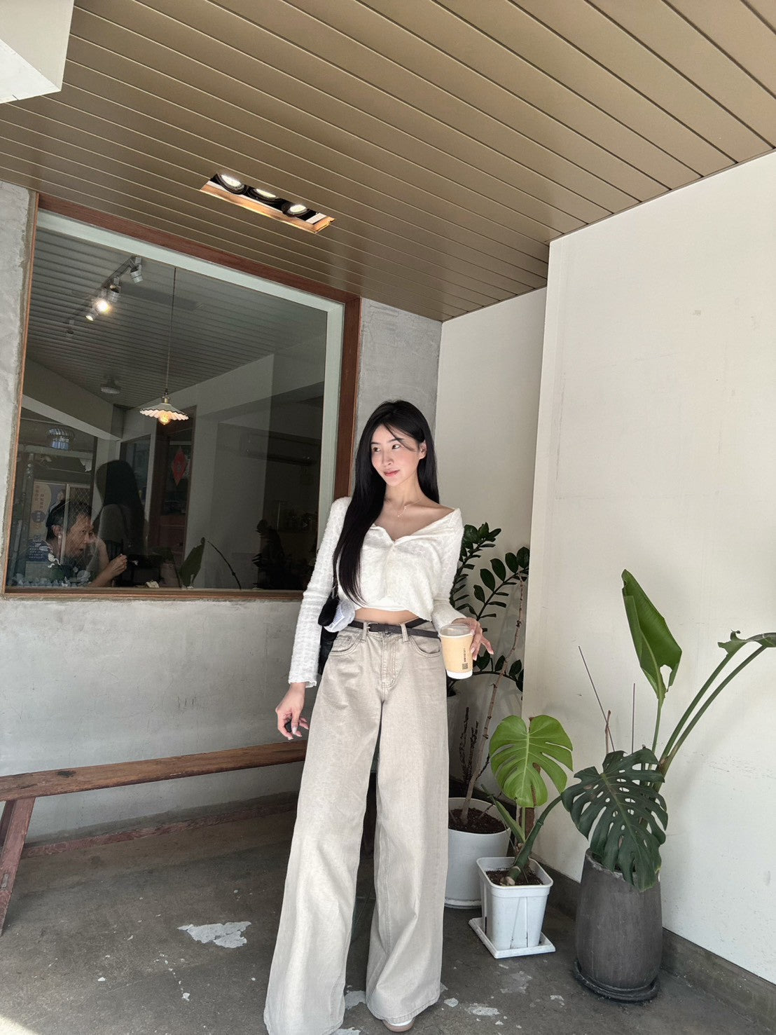 後口袋卡其落地寬褲