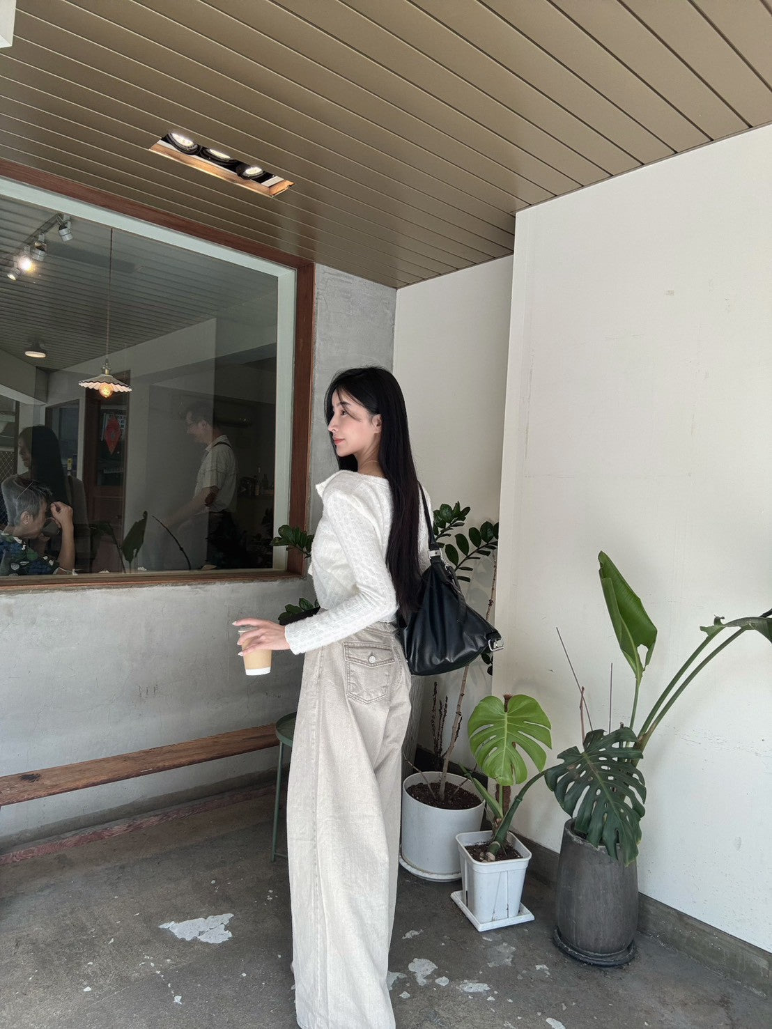 後口袋卡其落地寬褲