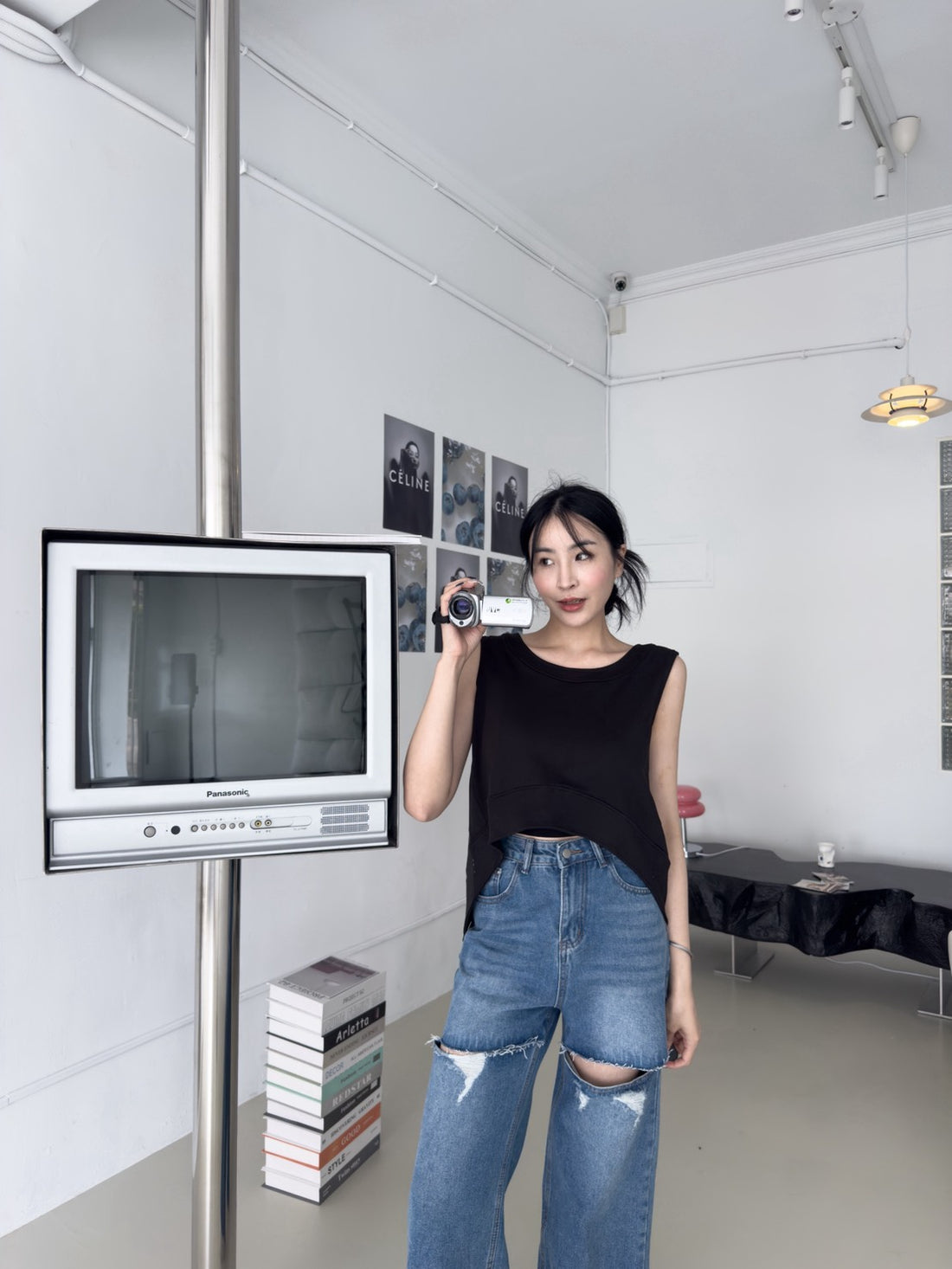 雙割破高腰直筒褲