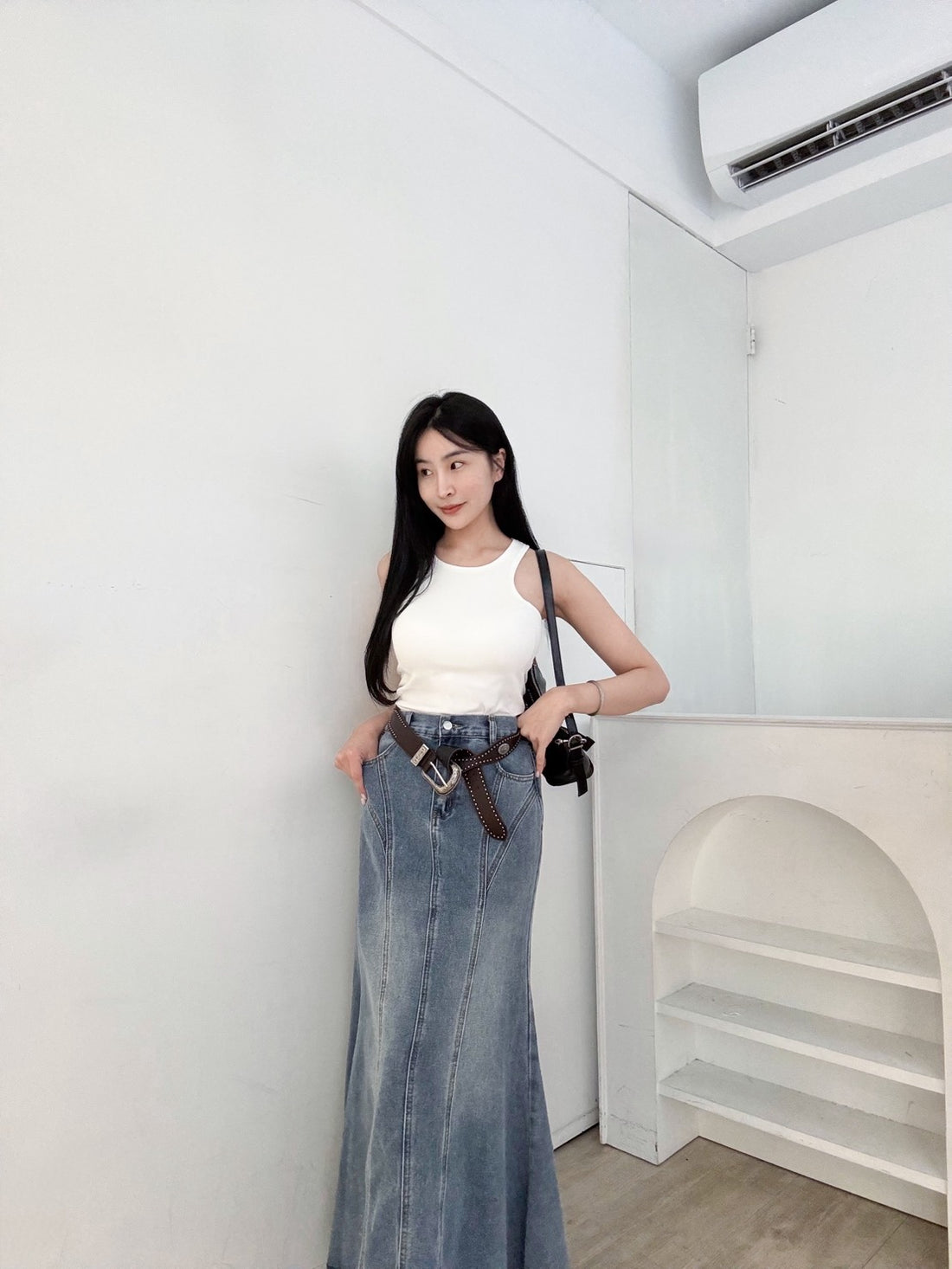 車線拼接魚尾牛仔裙