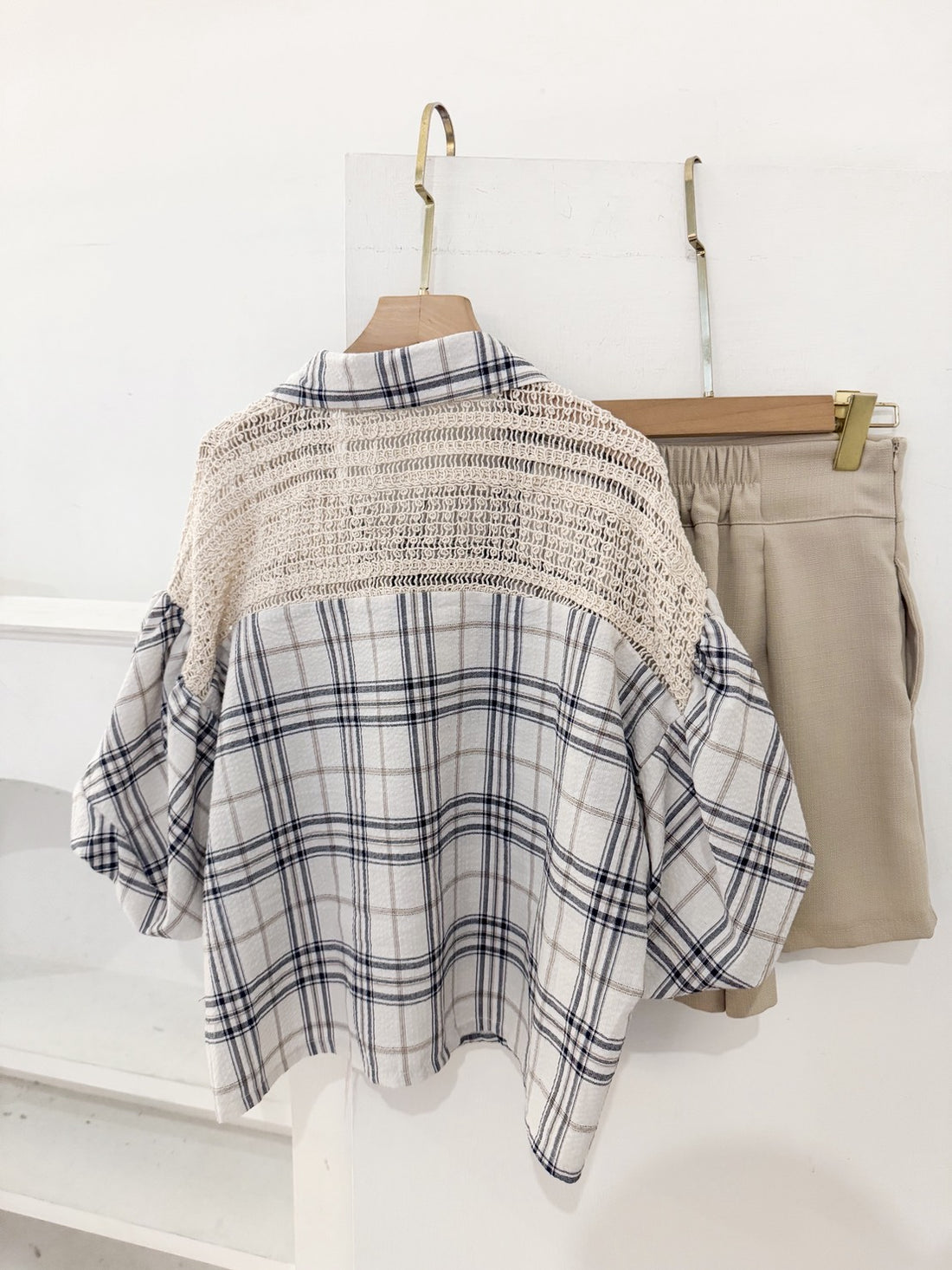 編織感拼接格紋襯衫