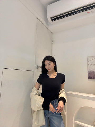 滾邊彈力圓領上衣