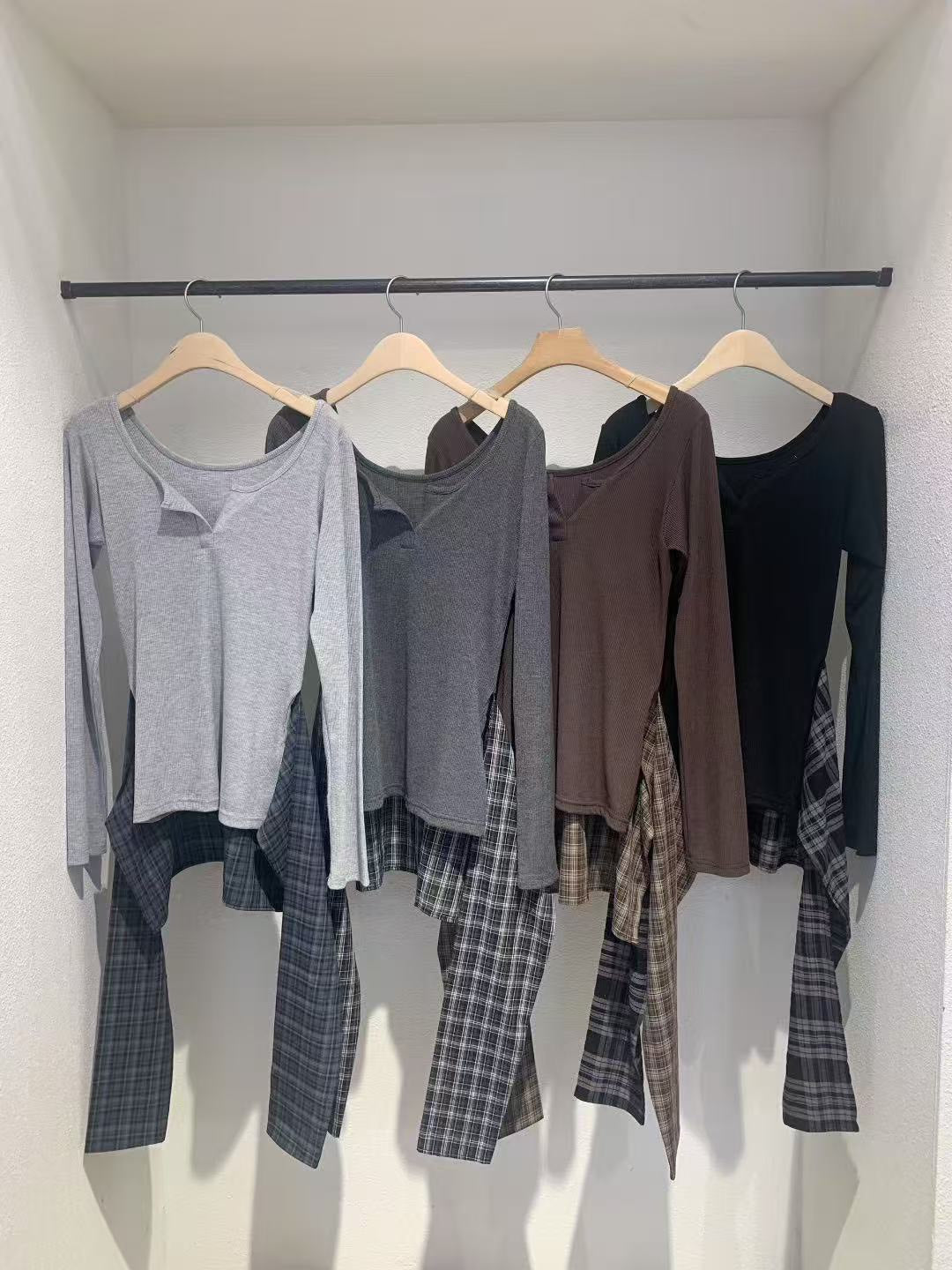 B02 綁帶造型格紋上衣