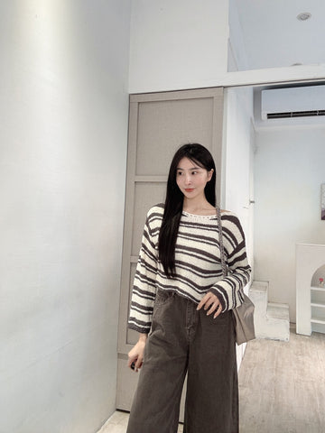 寬領口條紋捲捲針織