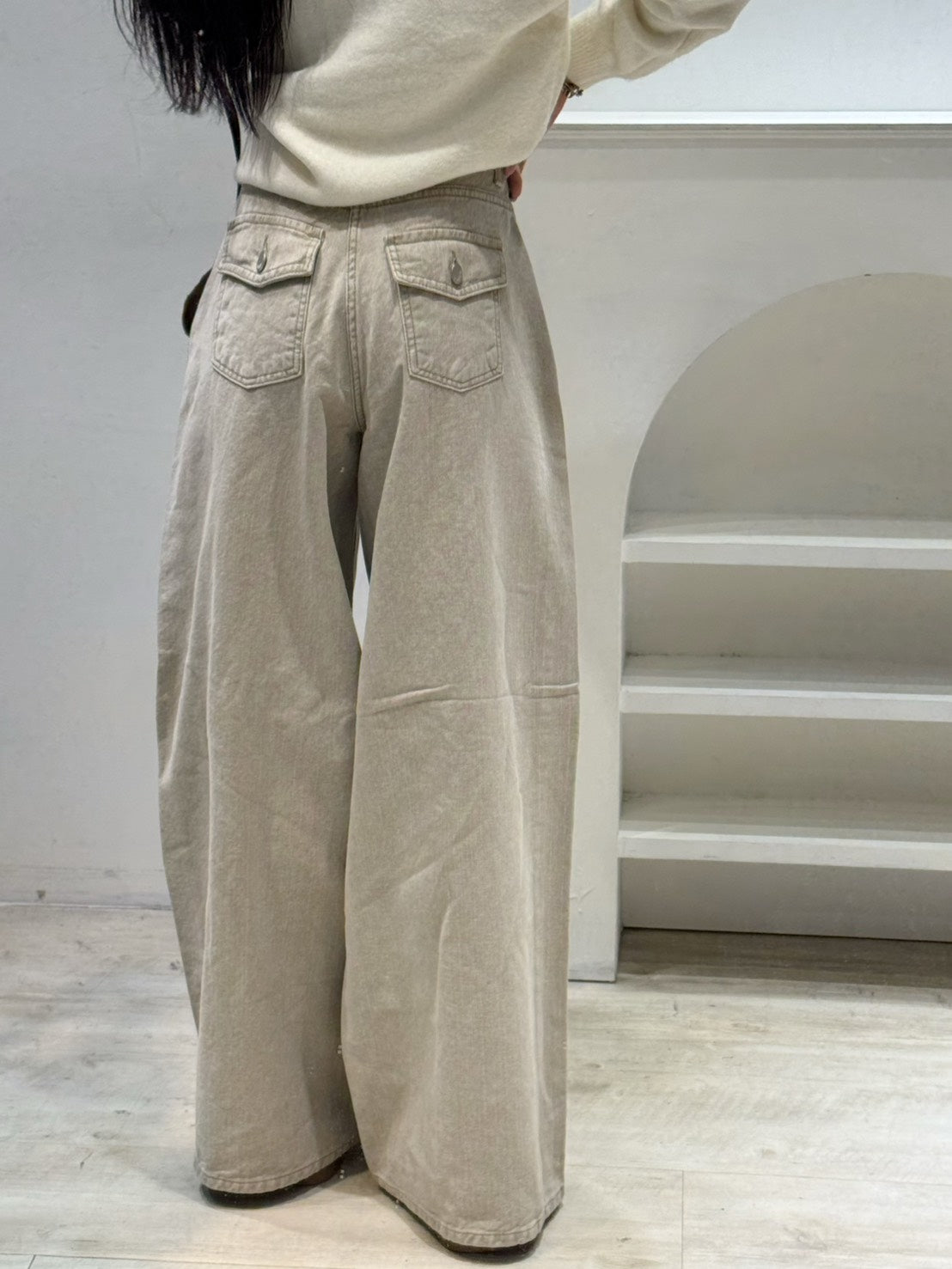後口袋卡其落地寬褲
