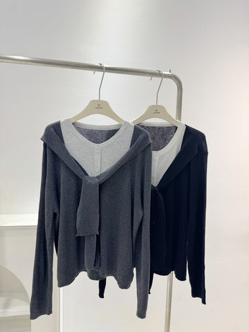 假兩件拼接綁帶針織衫