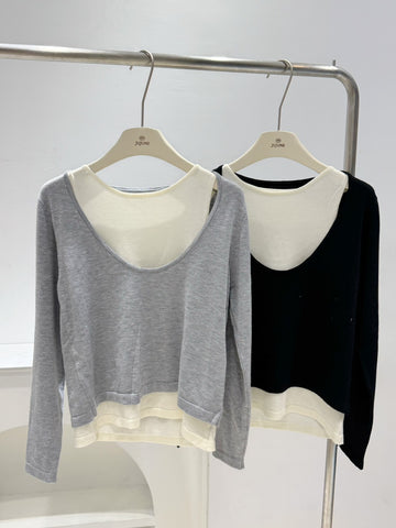 假兩件拼接圓領針織衫