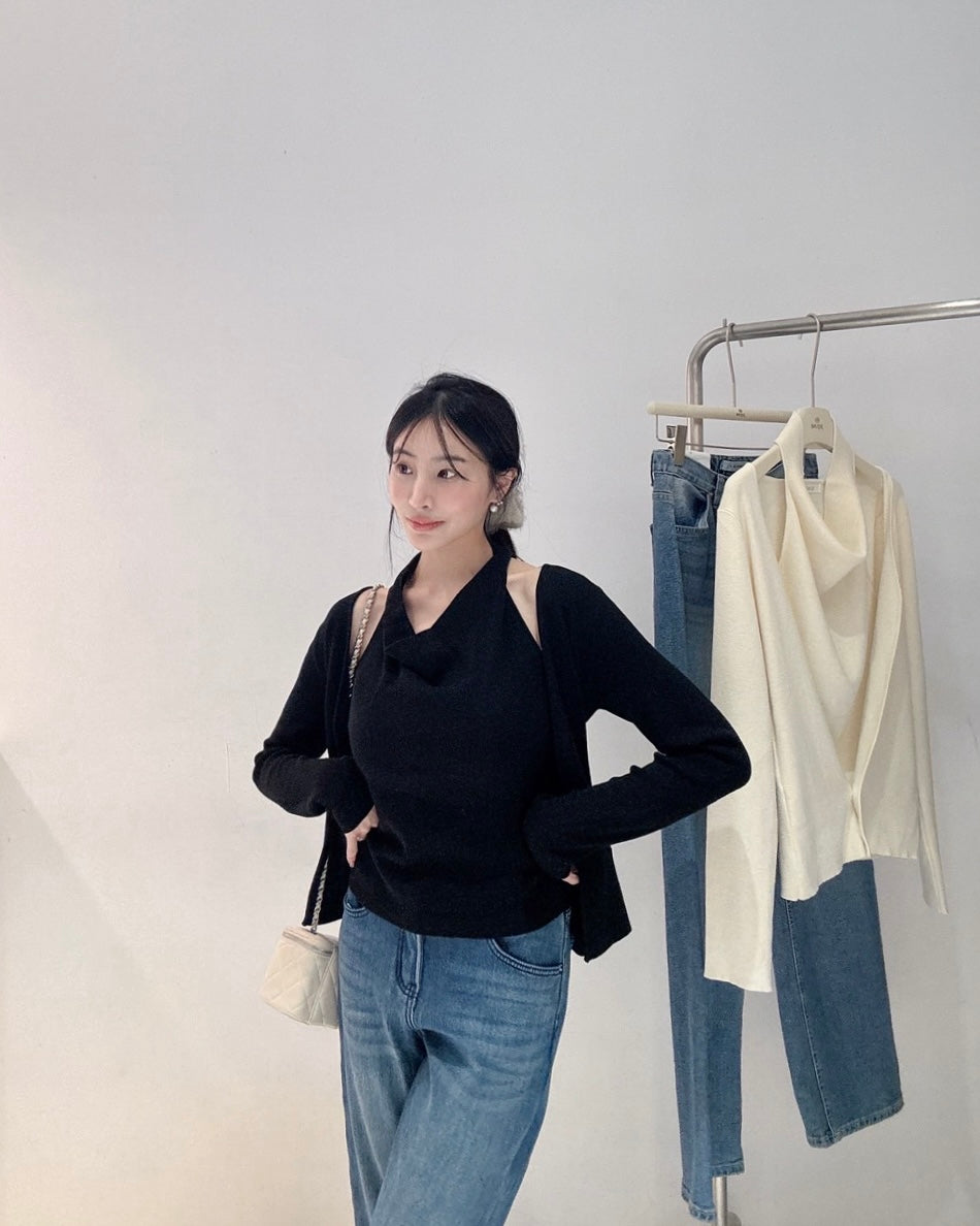 設計款假兩件繞脖針織衫