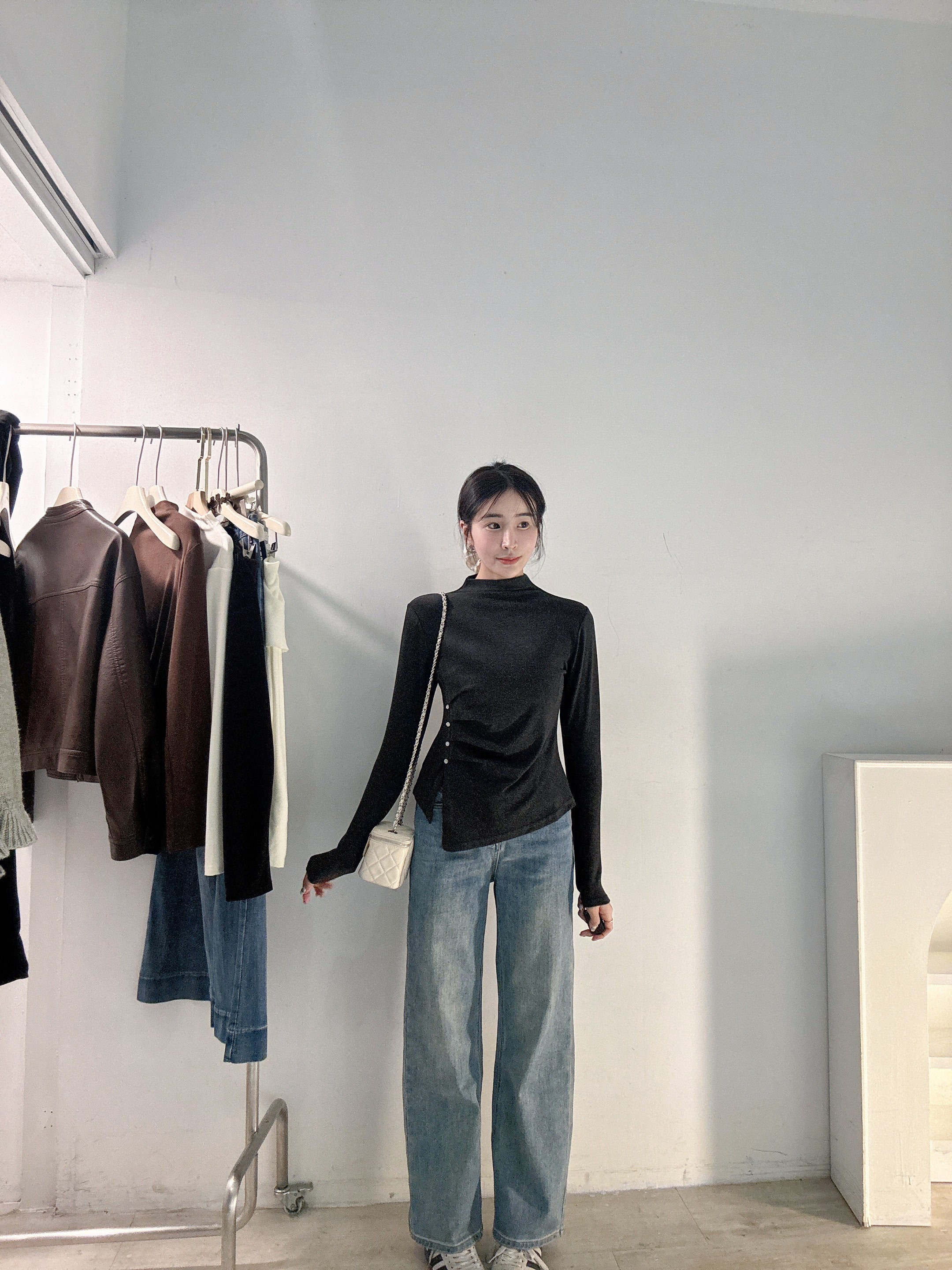 小立領抓皺彈力上衣