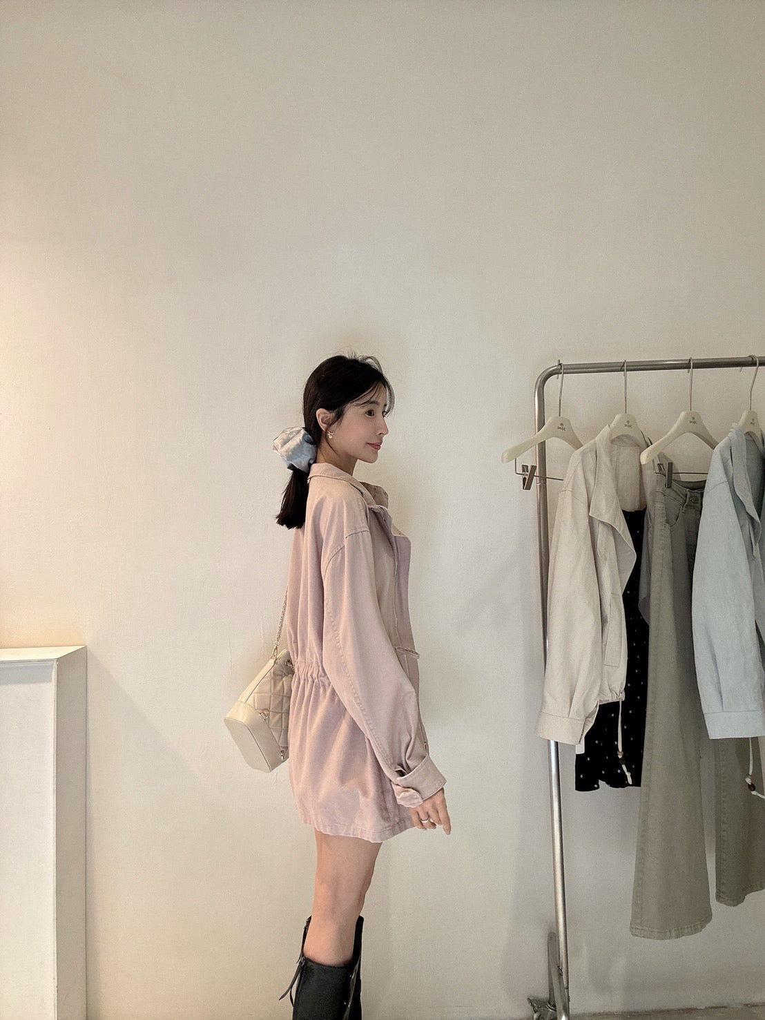 豆沙粉中長版夾克