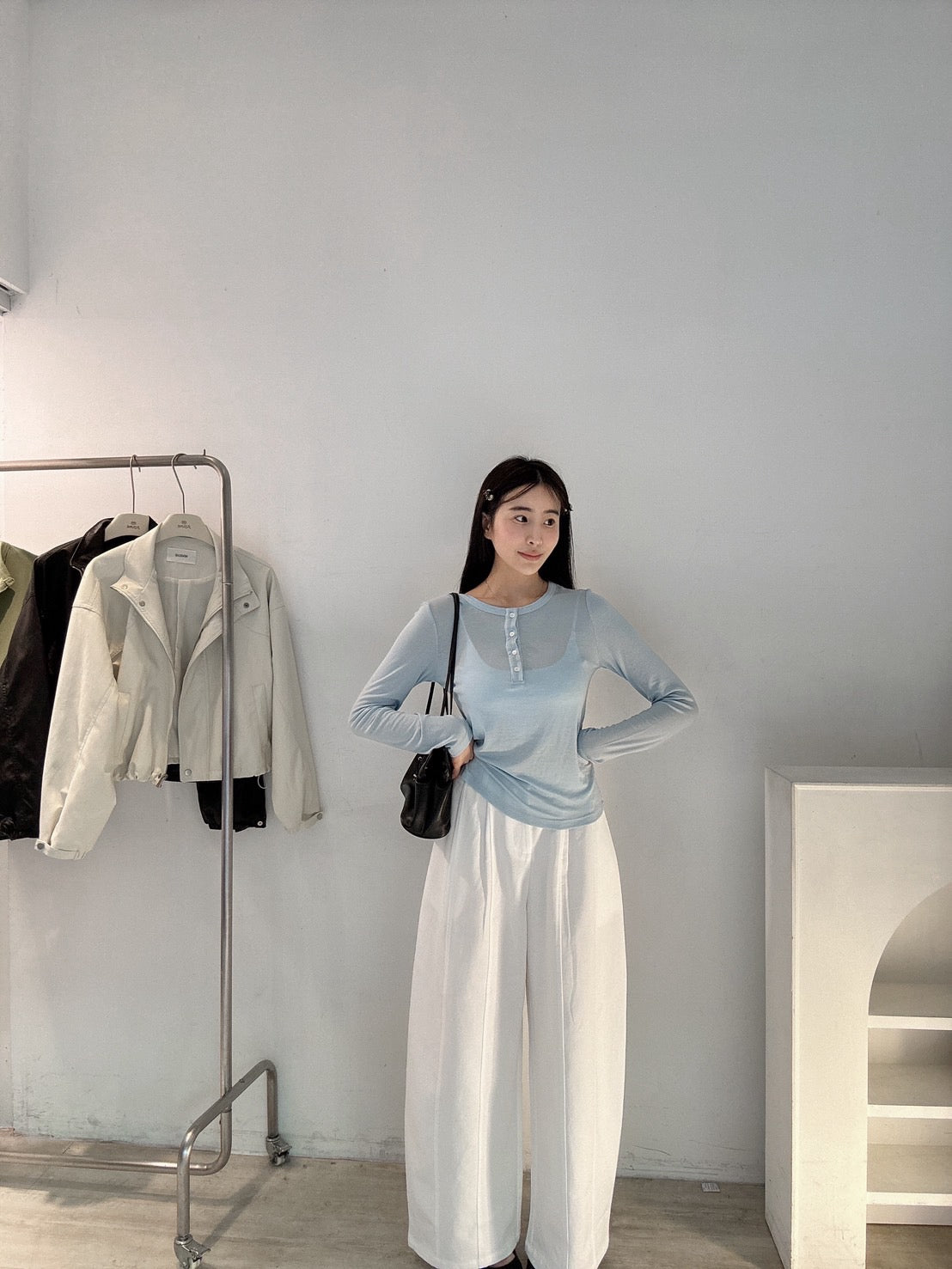 天絲棉排扣圓領上衣