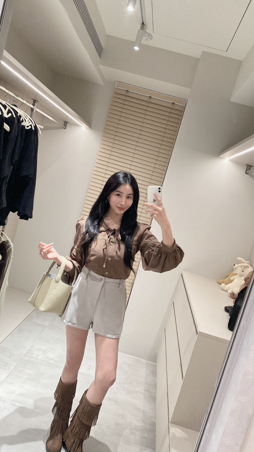 緹花翻領澎袖襯衫