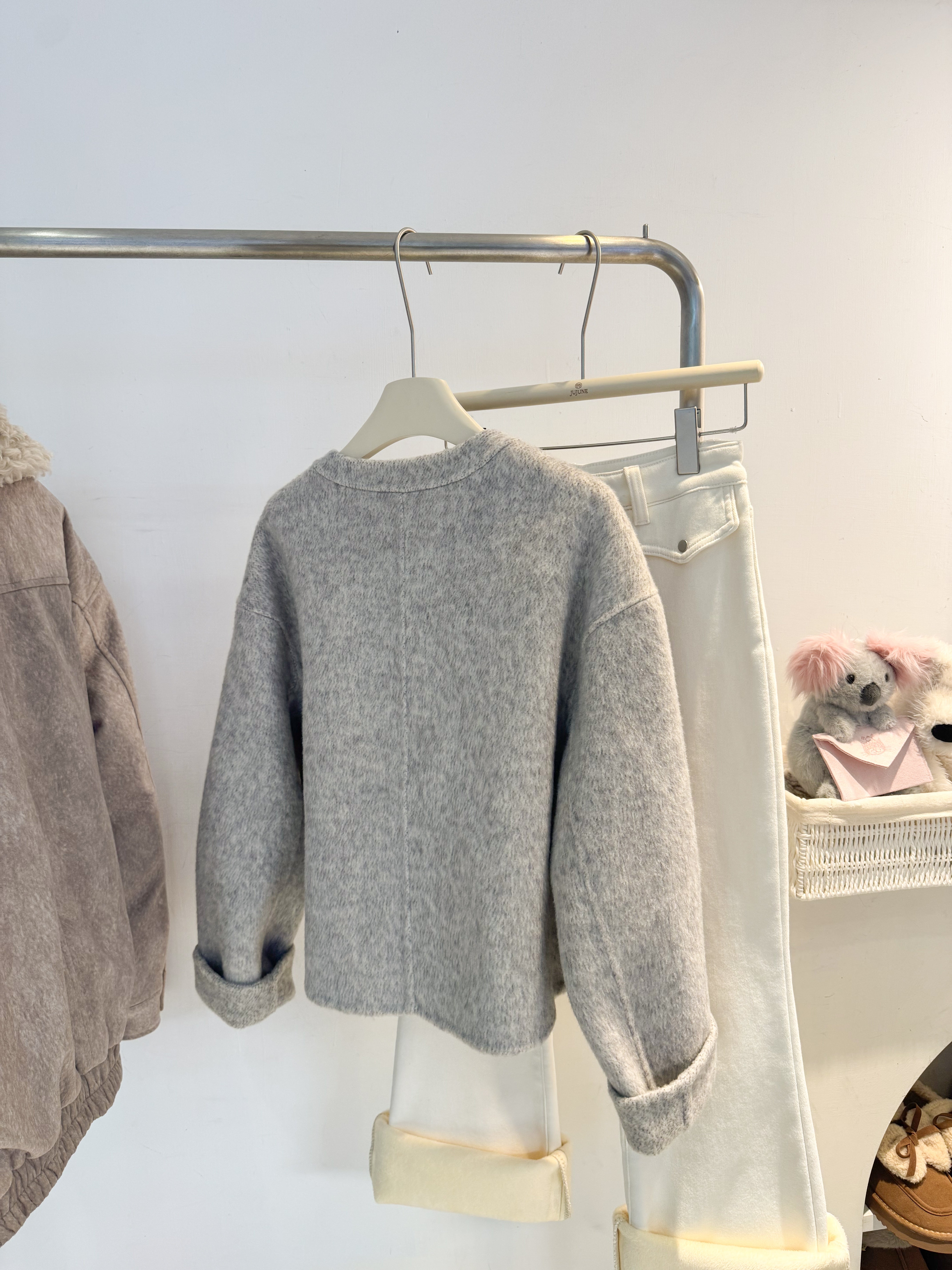 綁帶羊毛手工圓領外套