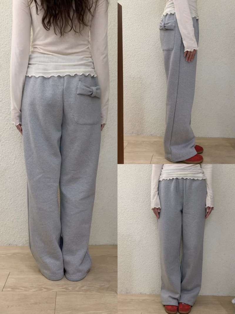 蝴蝶結口袋刷絨直筒褲