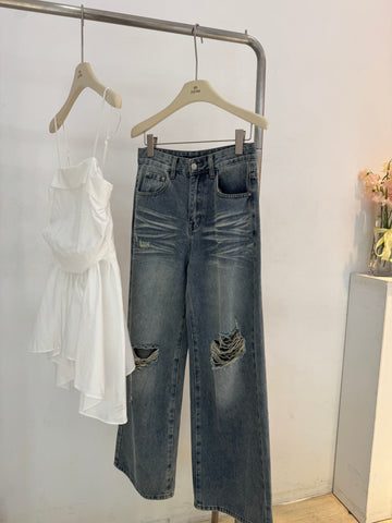 雙割破仿舊落地褲