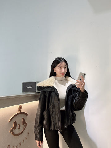 羊羔毛領片軟皮革外套