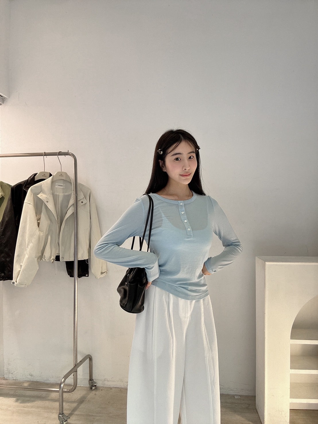 天絲棉排扣圓領上衣