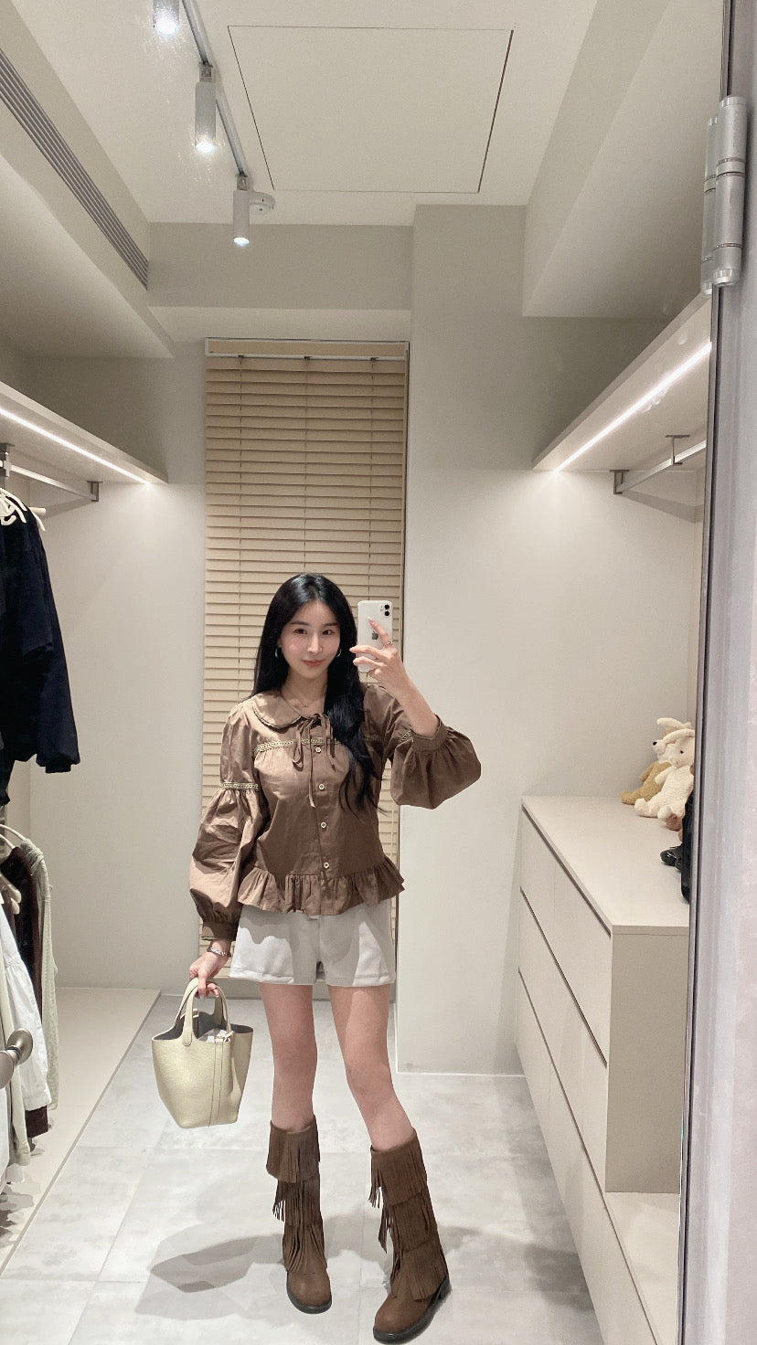 緹花翻領澎袖襯衫