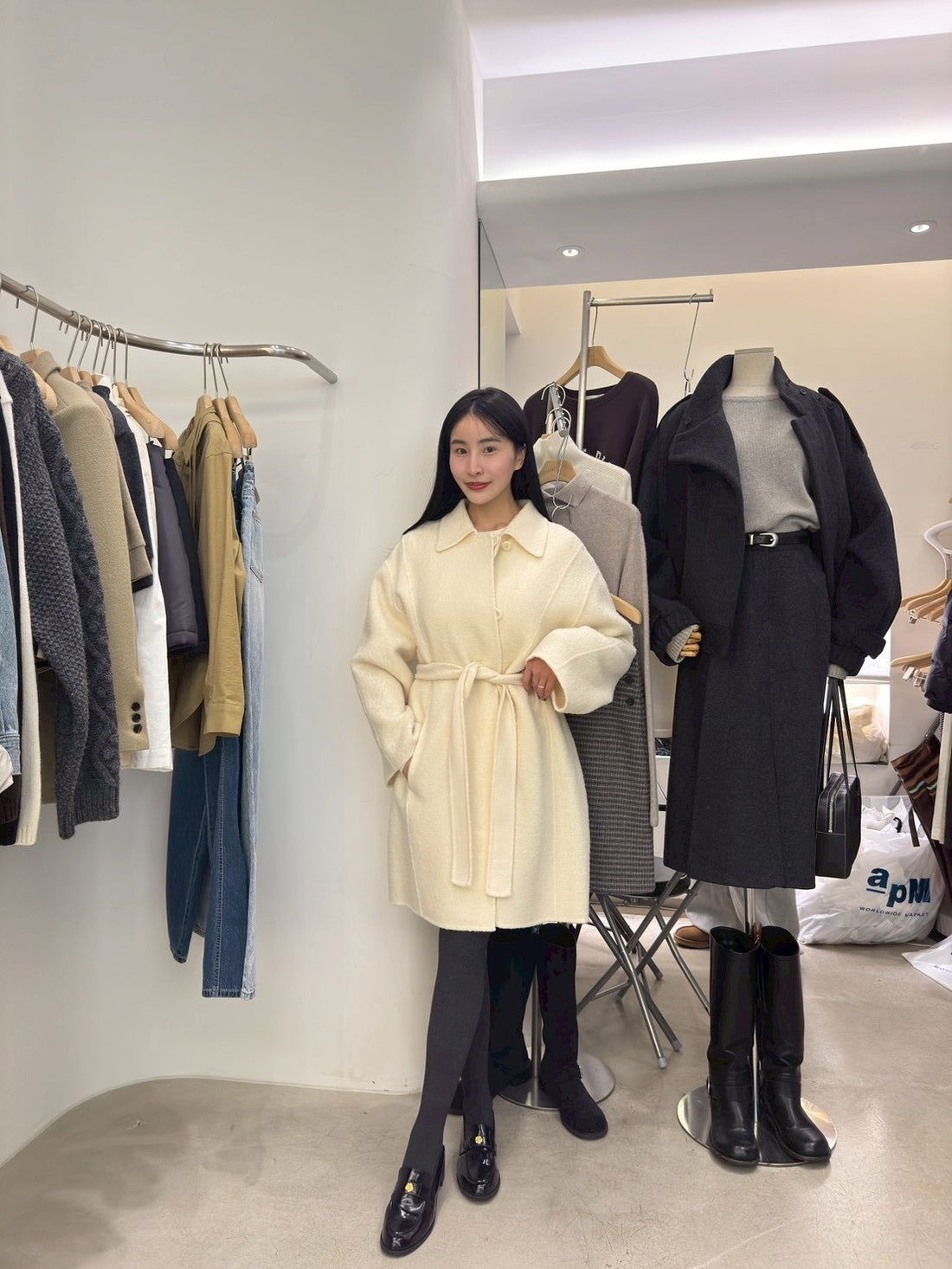 中長版綁帶手工羊毛外套