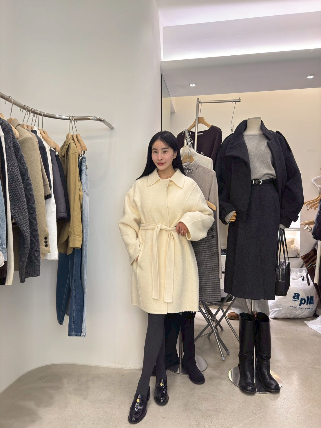 中長版綁帶手工羊毛外套