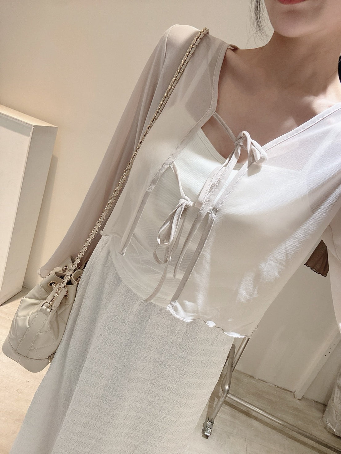 雙綁帶透膚罩衫