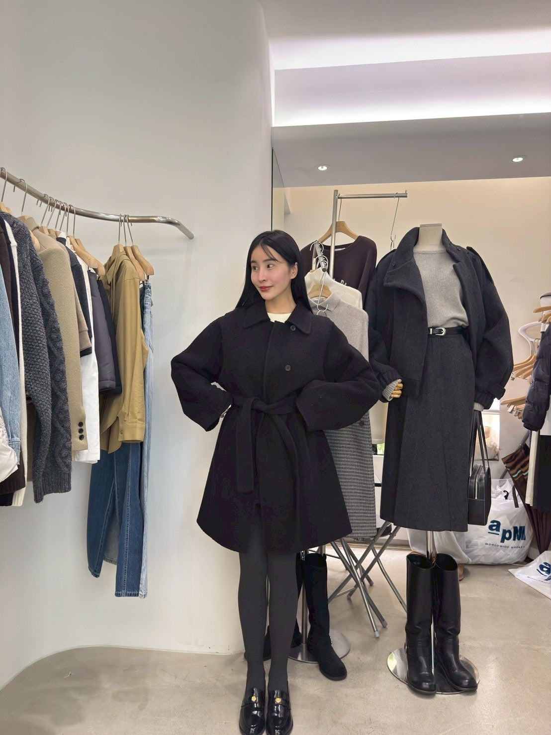 中長版綁帶手工羊毛外套