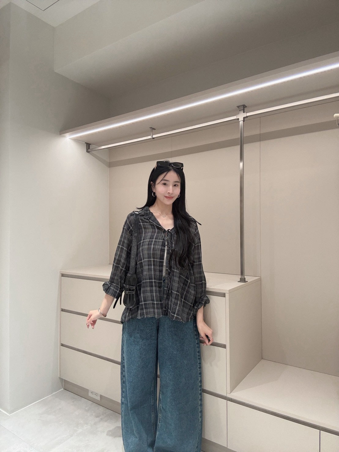 綁帶格紋棉麻襯衫