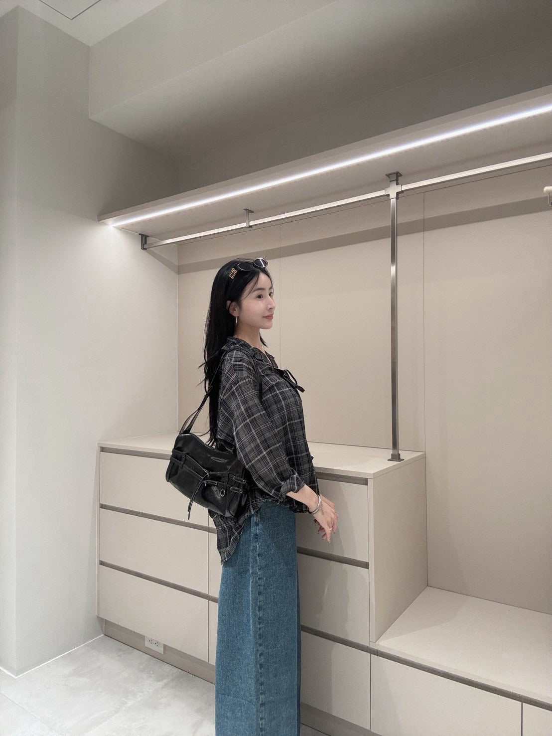 綁帶格紋棉麻襯衫