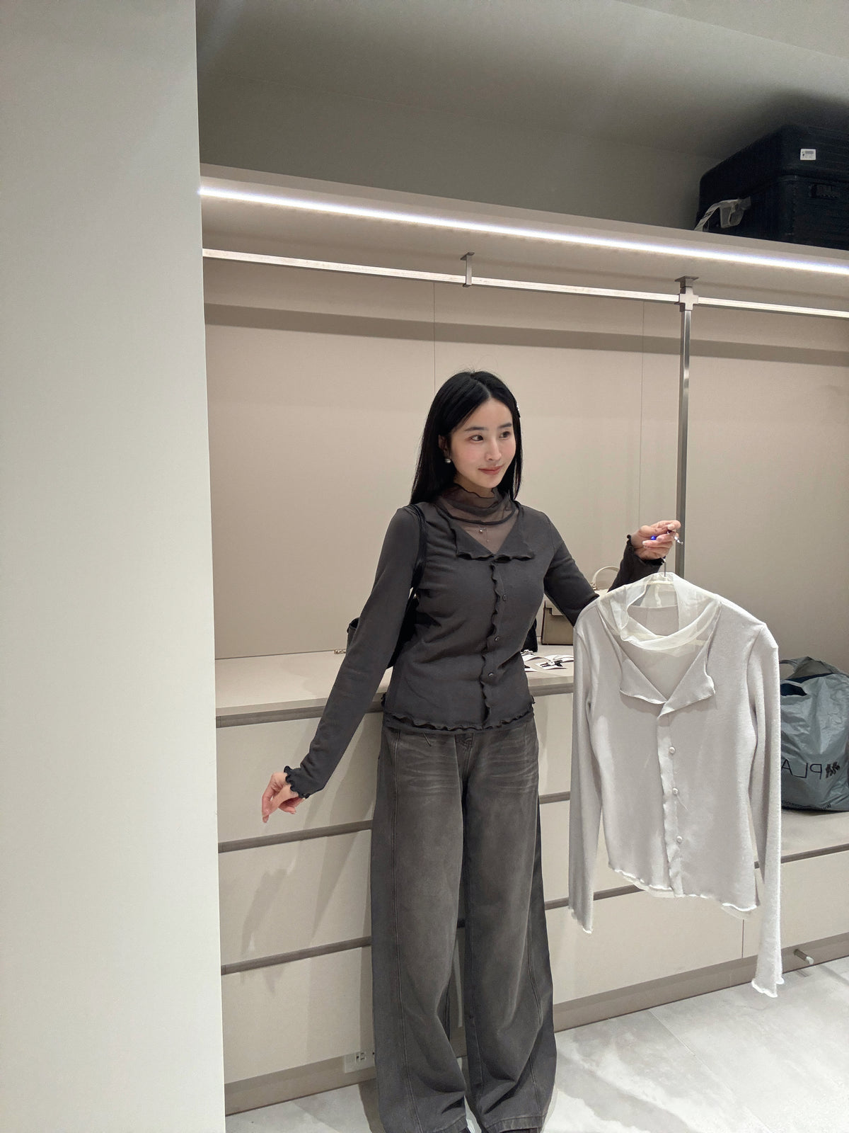 拼接網紗排扣上衣
