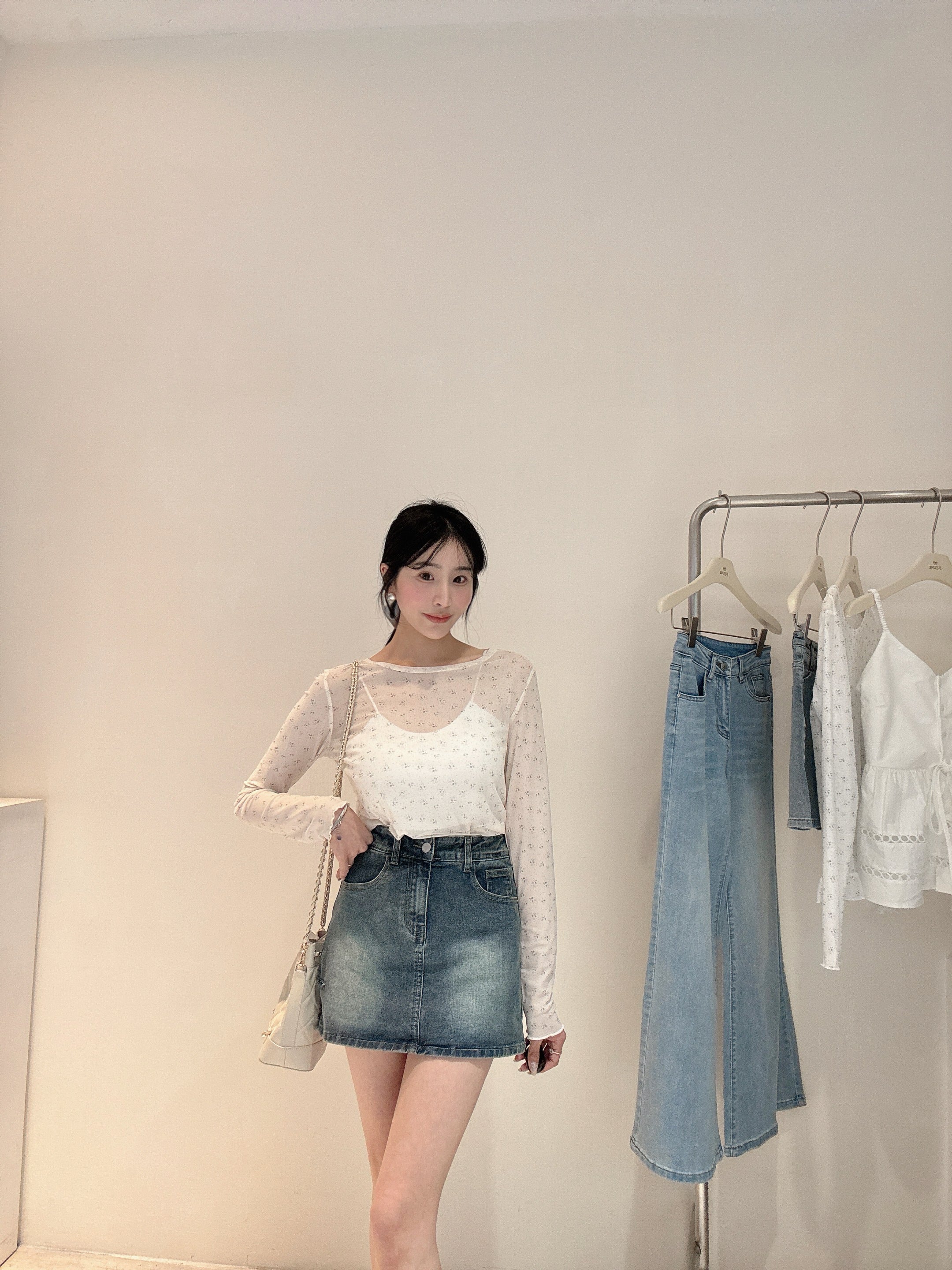 割破彈力牛仔褲裙