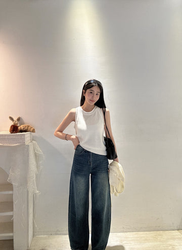 柔軟仿舊直筒彎刀褲