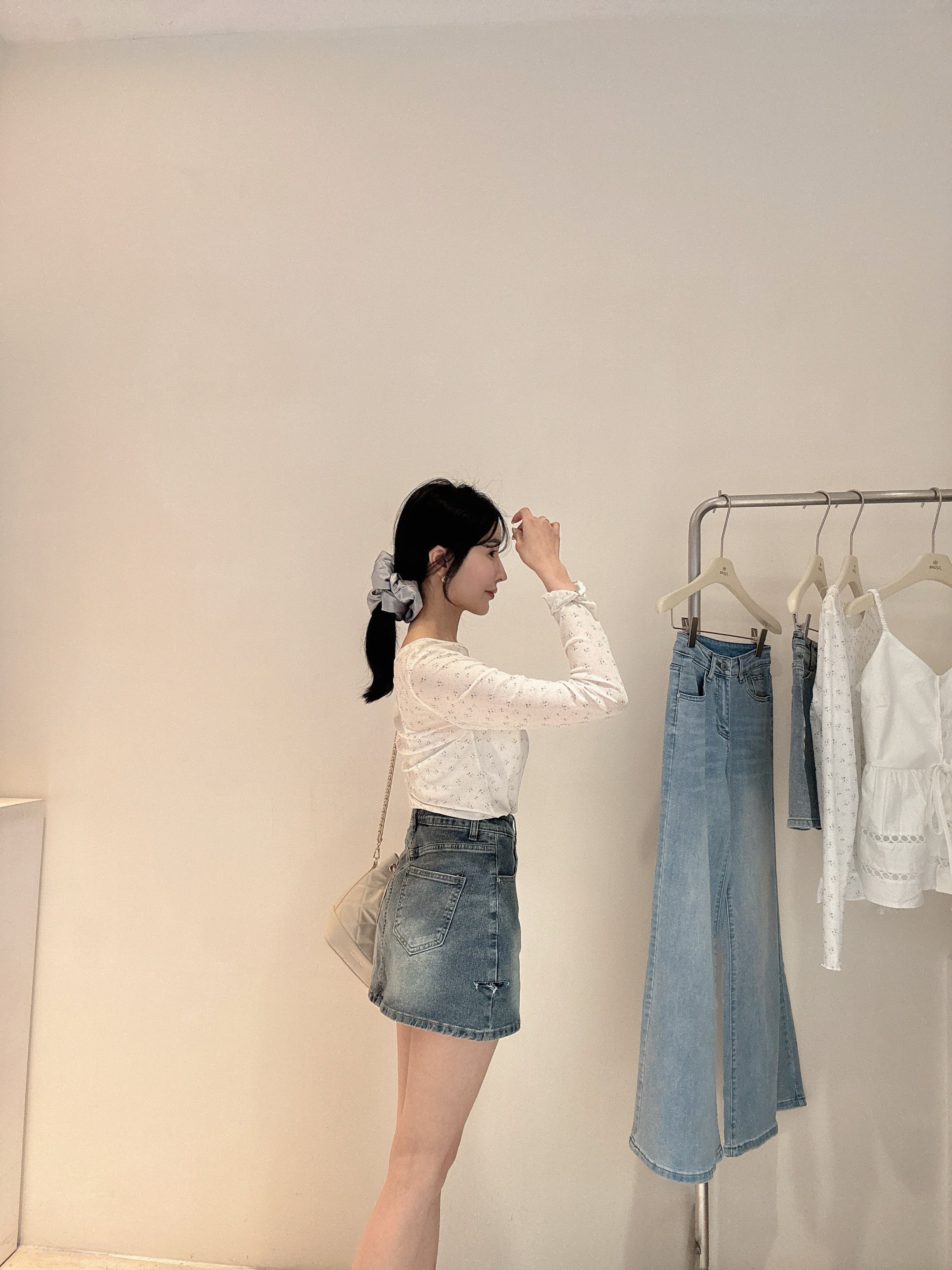 割破彈力牛仔褲裙