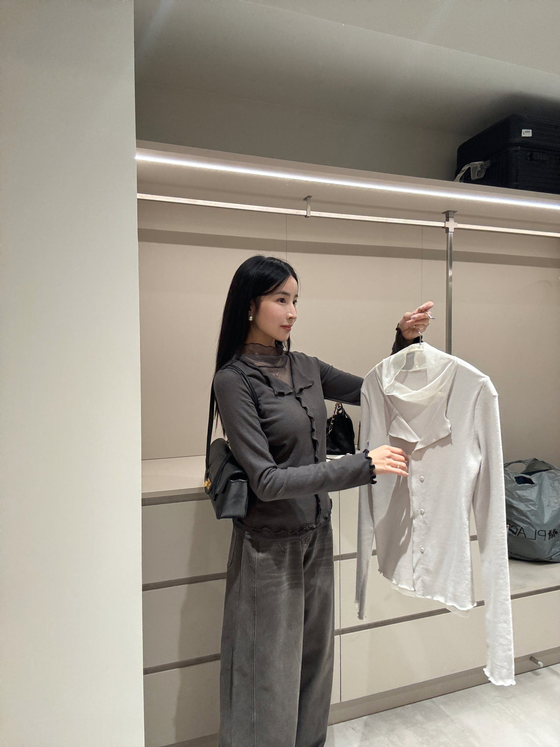 拼接網紗排扣上衣