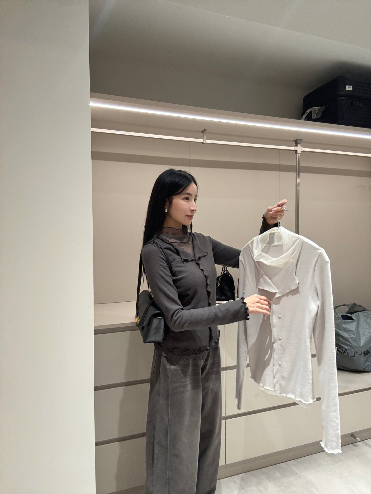 拼接網紗排扣上衣