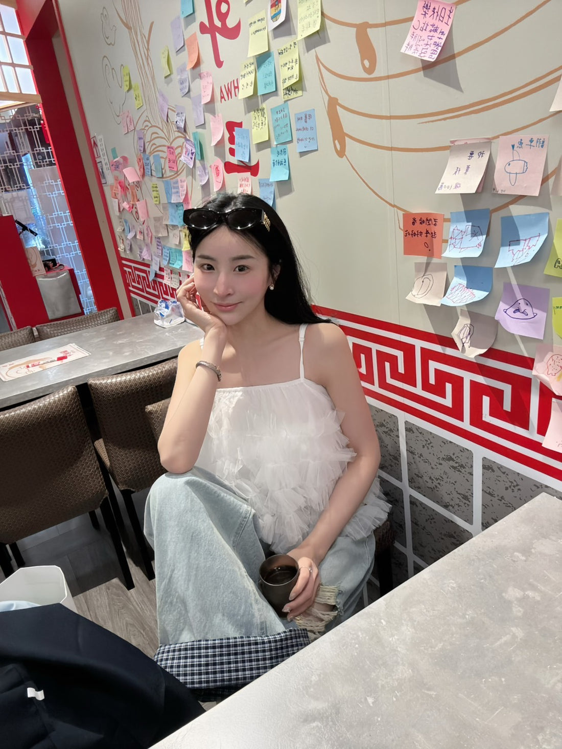 拼接格紋綁帶落地褲