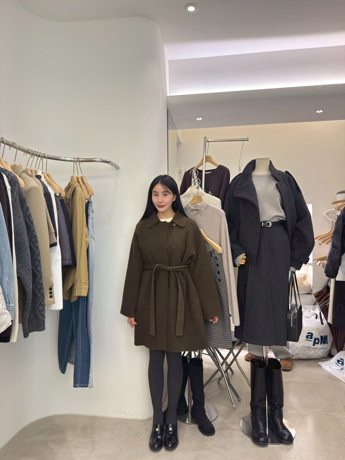 中長版綁帶手工羊毛外套