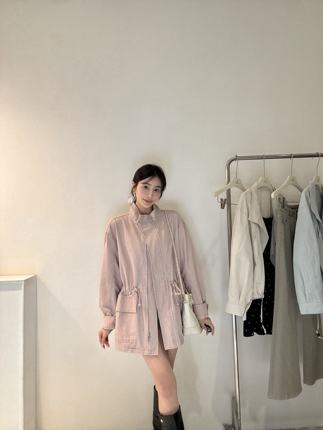 豆沙粉中長版夾克