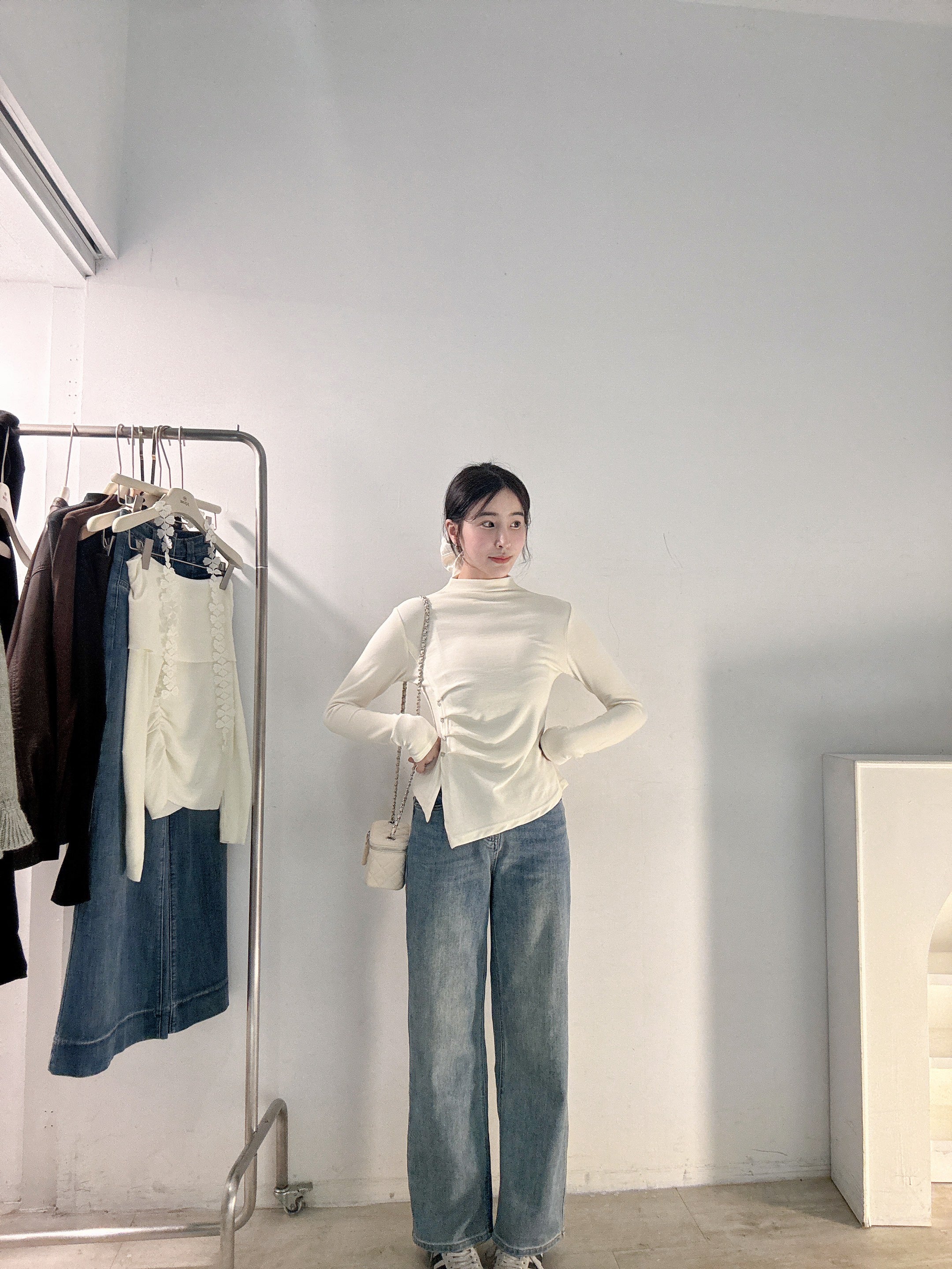 小立領抓皺彈力上衣