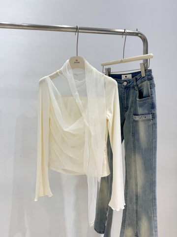 繞脖網紗綁帶上衣