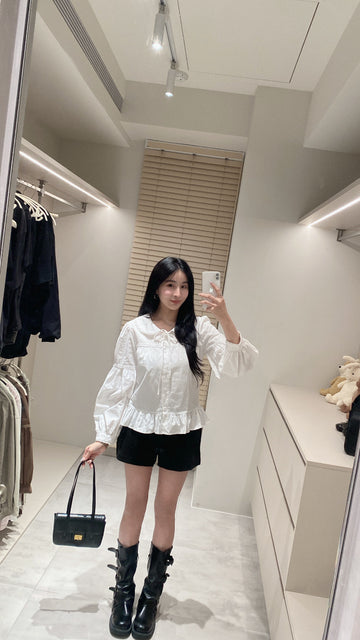 緹花翻領澎袖襯衫