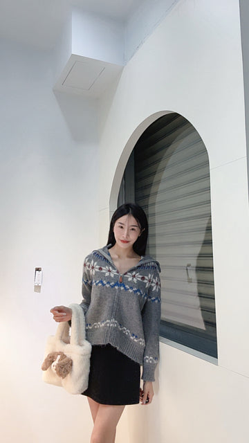 費爾島雪花翻領毛衣外套