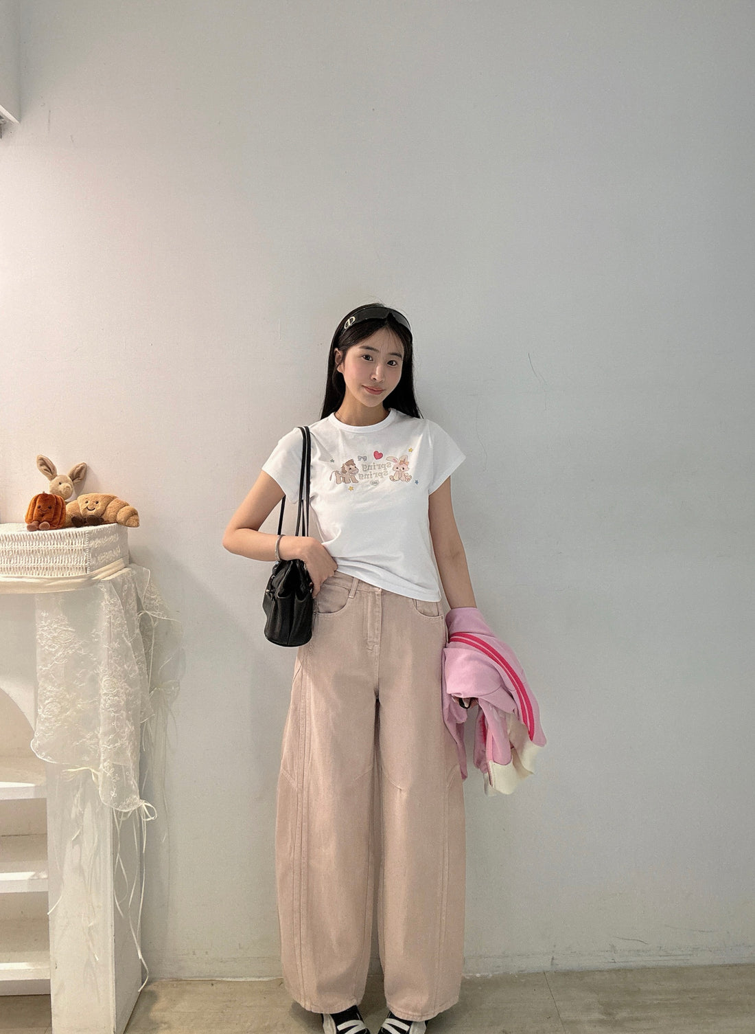 豆沙粉直筒彎刀褲