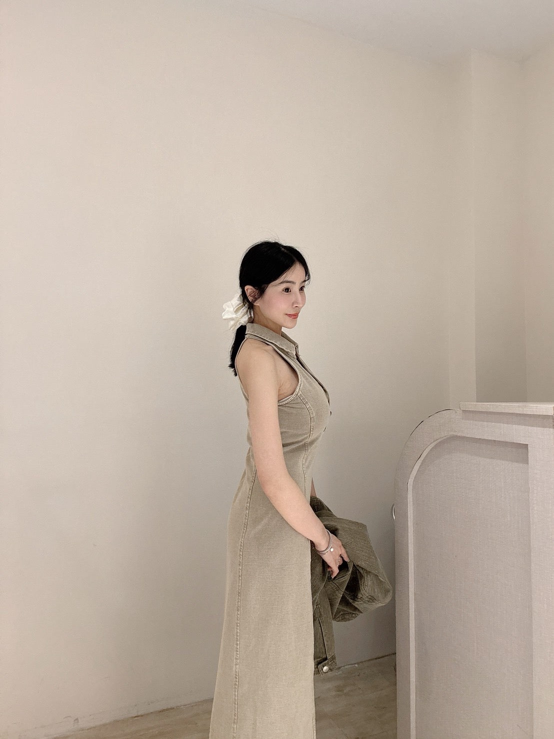 超顯瘦彈力水洗長洋裝