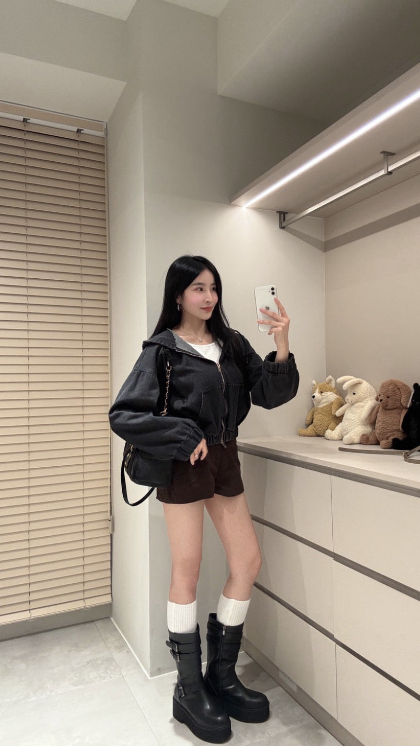 泡泡袖大連帽牛仔外套