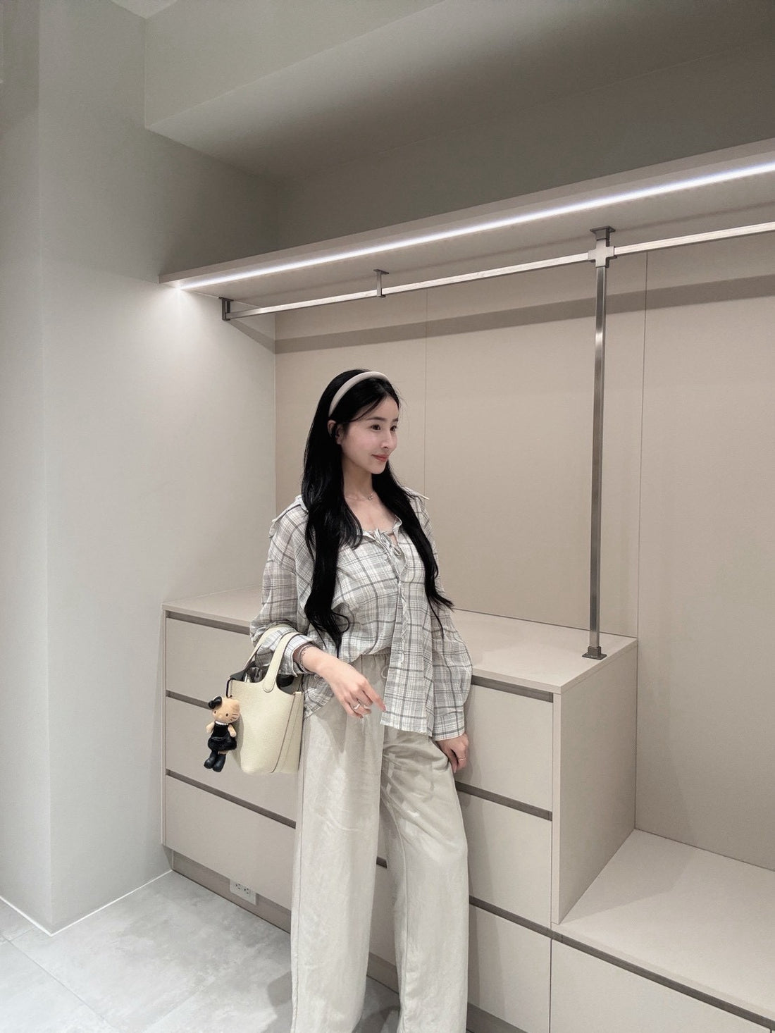 綁帶格紋棉麻襯衫