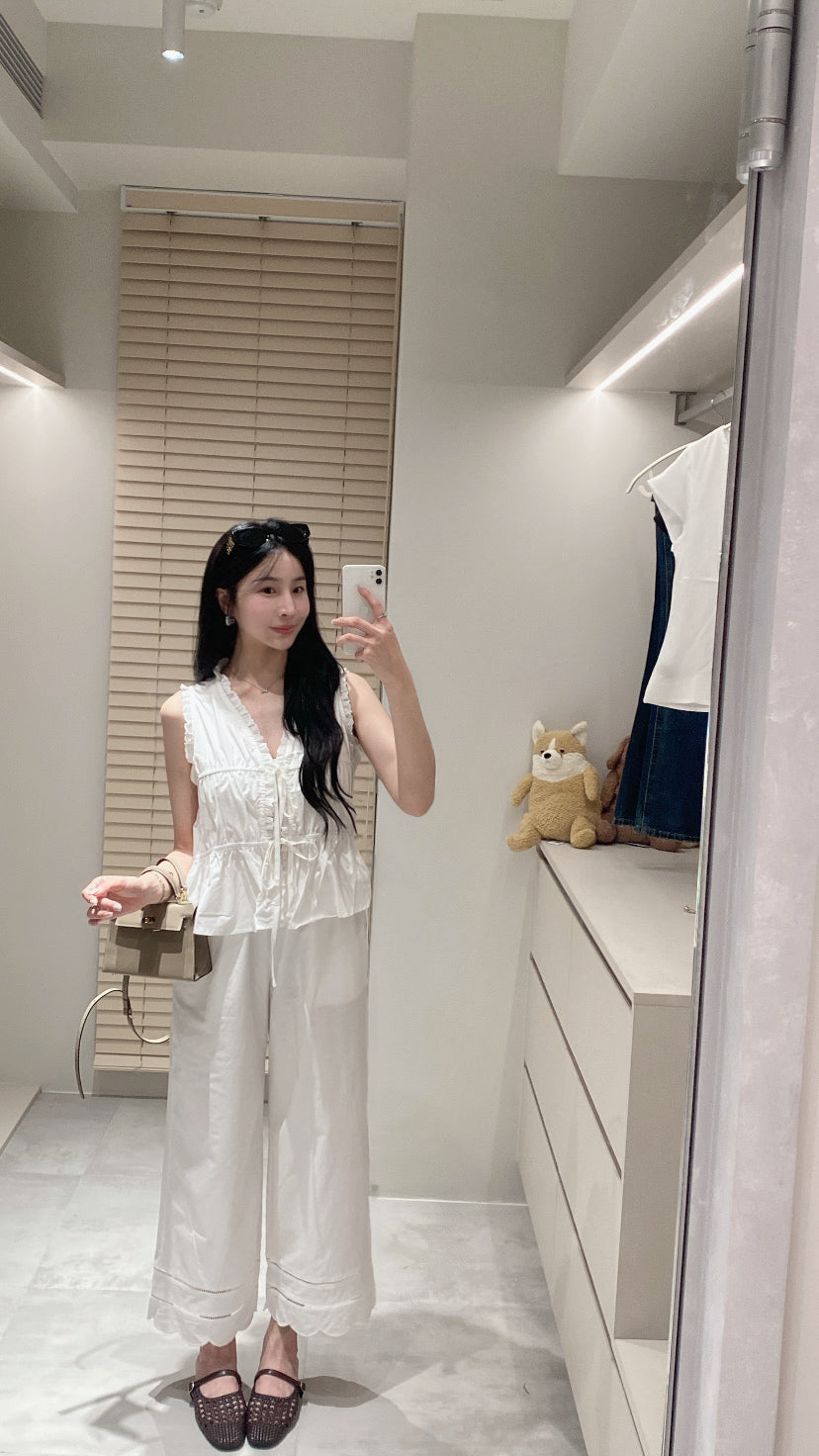 緹花滾邊綁帶背心