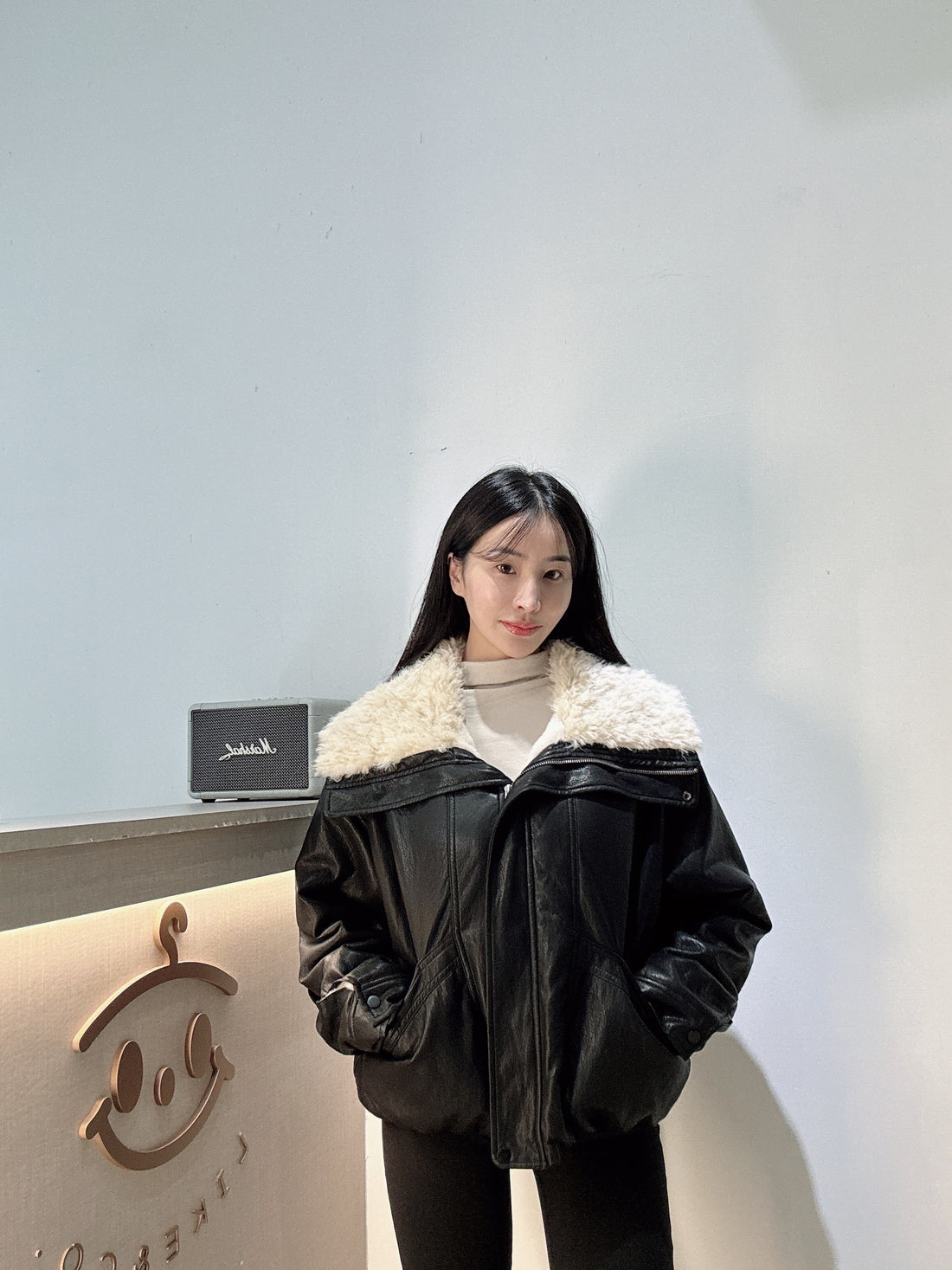 羊羔毛領片軟皮革外套