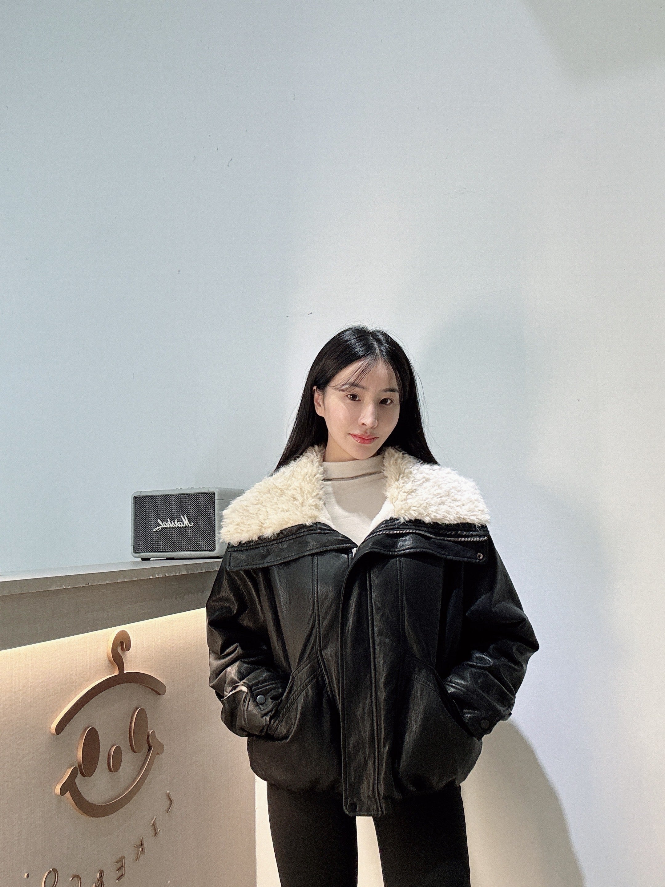 羊羔毛領片軟皮革外套