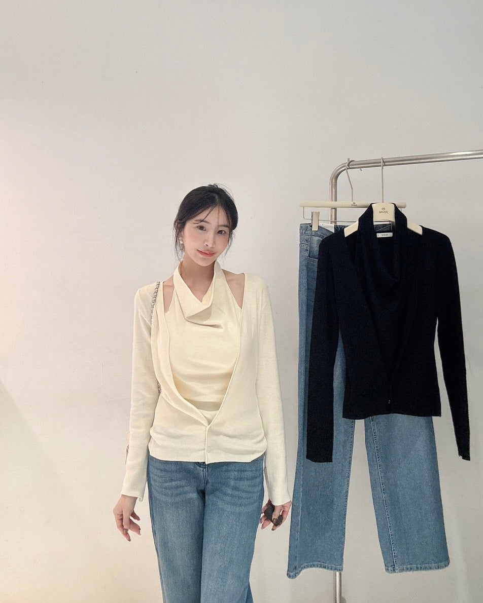 設計款假兩件繞脖針織衫